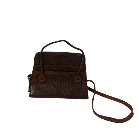 Rare Western Vintage1970 Mexican Tooled Brown Leather Shoulder Bag Tote … - Picture 11 of 11